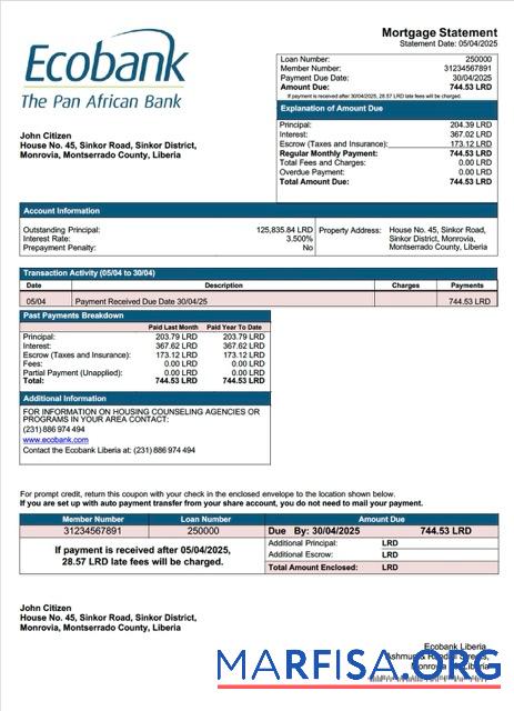 Blank Liberia Ecobank Liberia mortgage statement Word and PDF template